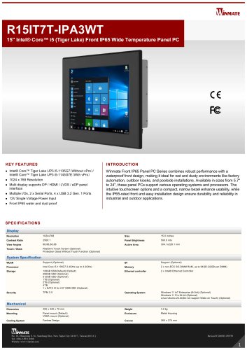 15" Intel® Core™ i5 (Tiger Lake) Front IP65 Wide Temperature Panel PC R15IT7T-IPA3WT