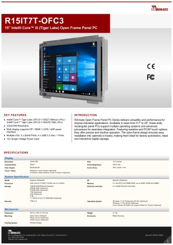 15” Intel® Core™ i5 (Tiger Lake) Open Frame Panel PC R15IT7T-OFC3