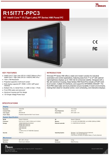 15” Intel® Core™ i5 (Tiger Lake) PP Series HMI Panel PC R15IT7T-PPC3