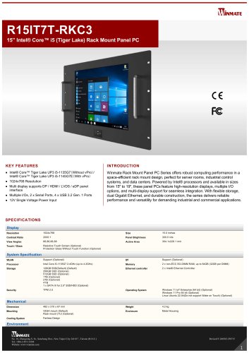 15” Intel® Core™ i5 (Tiger Lake) Rack Mount Panel PC R15IT7T-RKC3
