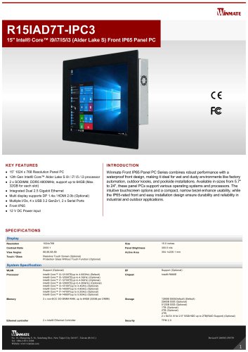 15" Intel® Core™ i9/i7/i5/i3 (Alder Lake S) Front IP65 Panel PC R15IAD7T-IPC3