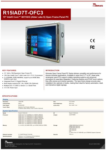 15" Intel® Core™ i9/i7/i5/i3 (Alder Lake S) Open Frame Panel PC R15IAD7T-OFC3