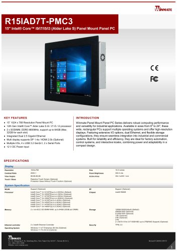 15" Intel® Core™ i9/i7/i5/i3 (Alder Lake S) Panel Mount Panel PC R15IAD7T-PMC3