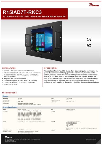 15" Intel® Core™ i9/i7/i5/i3 (Alder Lake S) Rack Mount Panel PC R15IAD7T-RKC3