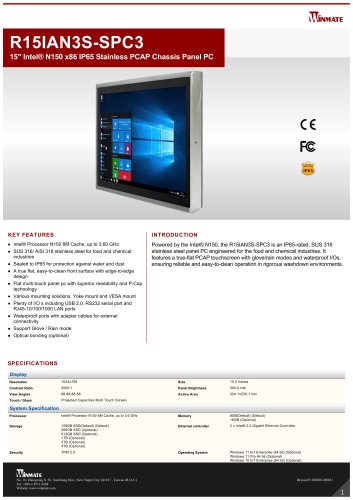 15" Intel® N150 x86 IP65 Stainless PCAP Chassis Panel PC R15IAN3S-SPC3