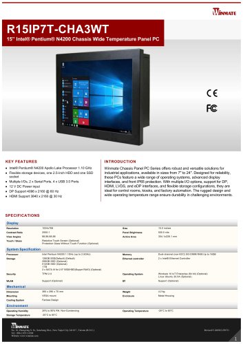 15” Intel® Pentium® N4200 Chassis Wide Temperature Panel PC R15IP7T-CHA3WT