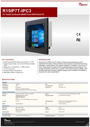 15" Intel® Pentium® N4200 Front IP65 Panel PC R15IP7T-IPC3