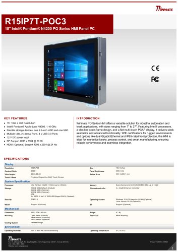 15" Intel® Pentium® N4200 PO Series HMI Panel PC R15IP7T-POC3