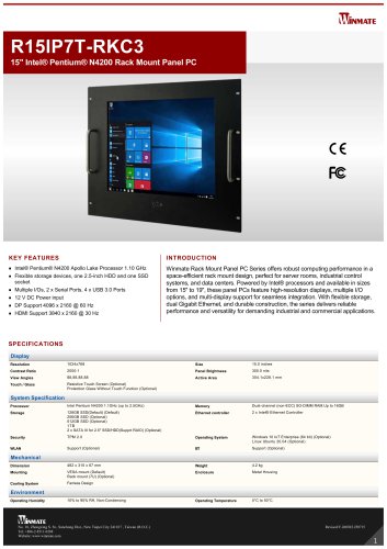 15" Intel® Pentium® N4200 Rack Mount Panel PC R15IP7T-RKC3