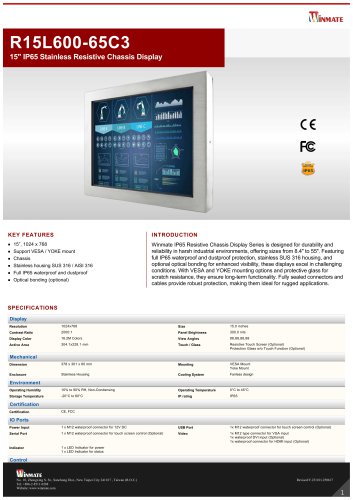 15" IP65 Stainless Resistive Chassis Display R15L600-65C3