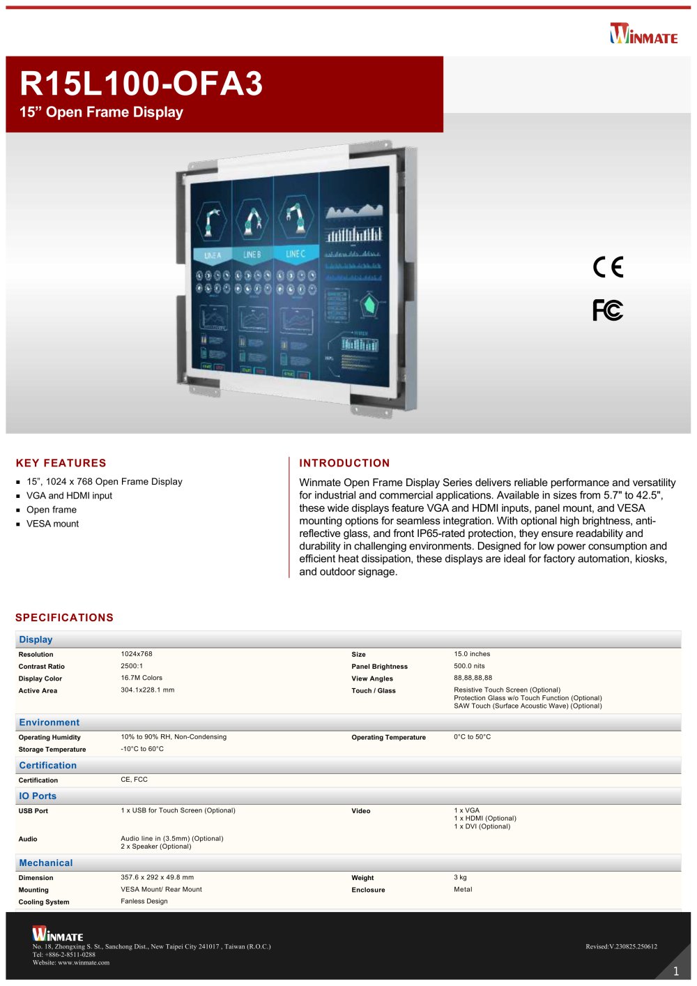 15&rdquo; Open Frame Display R15L100-OFA3 - Winmate, Inc.