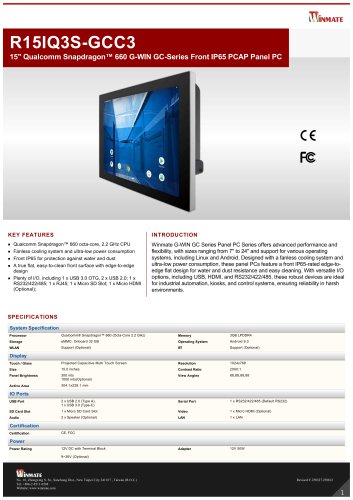 15" Qualcomm Snapdragon™ 660 G-WIN GC-Series Front IP65 PCAP Panel PC  R15IQ3S-GCC3