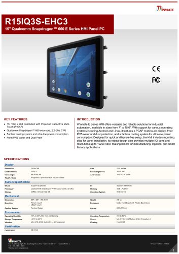 15" Qualcomm Snapdragon&trade; 660 E Series HMI Panel PC R15IQ3S-EHC3