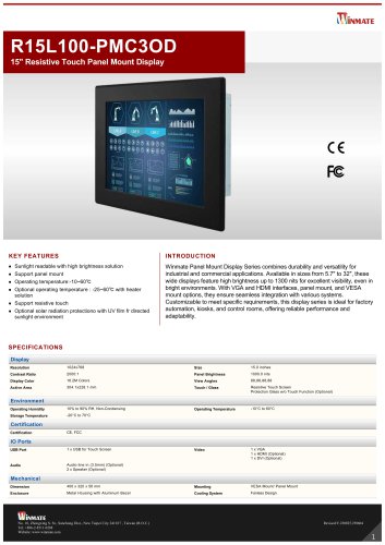 15" Resistive Touch Panel Mount Display R15L100-PMC3OD