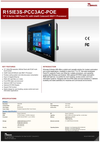 15" S Series HMI Panel PC with Intel® Celeron® N6211 Processor R15IE3S-PCC3AC-POE