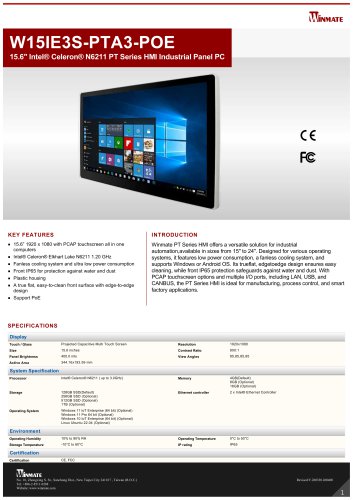 15.6" Intel® Celeron® N6211 PT Series HMI Industrial Panel PC W15IE3S-PTA3-POE