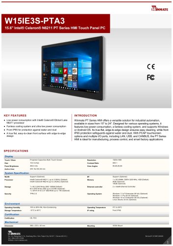 15.6" Intel® Celeron® N6211 PT Series HMI Touch Panel PC W15IE3S-PTA3