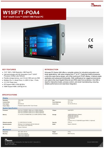 15.6" Intel® Core™ i3/i5/i7 HMI Panel PC W15IF7T-POA4