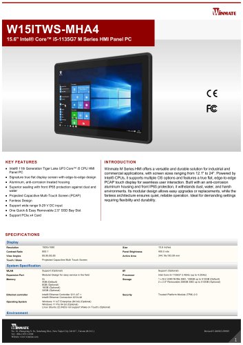 15.6" Intel® Core™ i5-1135G7 M Series HMI Panel PC W15ITWS-MHA4