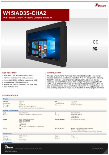 15.6" Intel® Core™ i5-1235U Chassis Panel PC W15IAD3S-CHA2
