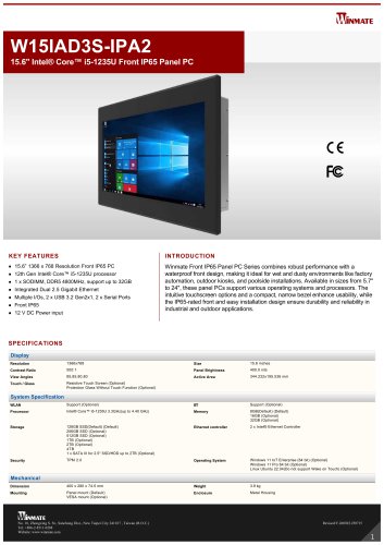 15.6" Intel® Core™ i5-1235U Front IP65 Panel PC W15IAD3S-IPA2
