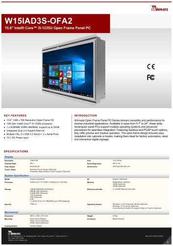 15.6" Intel® Core™ i5-1235U Open Frame Panel PC W15IAD3S-OFA2