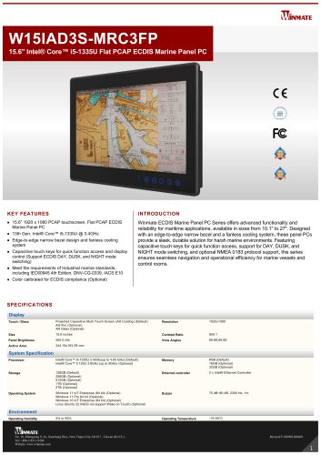 15.6" Intel® Core™ i5-1335U Flat PCAP ECDIS Marine Panel PC W15IAD3S-MRC3FP