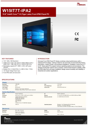 15.6" Intel® Core™ i5 (Tiger Lake) Front IP65 Panel PC W15IT7T-IPA2