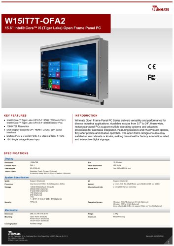 15.6” Intel® Core™ i5 (Tiger Lake) Open Frame Panel PC W15IT7T-OFA2