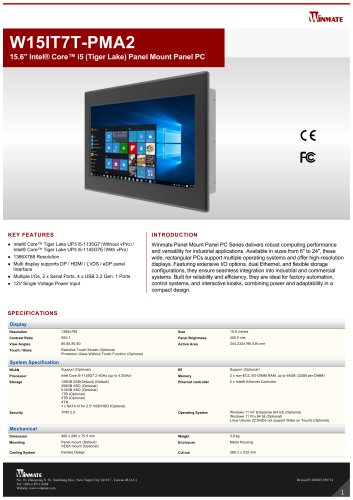 15.6” Intel® Core™ i5 (Tiger Lake) Panel Mount Panel PC W15IT7T-PMA2