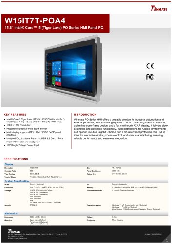 15.6” Intel® Core™ i5 (Tiger Lake) PO Series HMI Panel PC W15IT7T-POA4