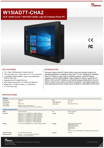 15.6" Intel® Core™ i9/i7/i5/i3 (Alder Lake S) Chassis Panel PC W15IAD7T-CHA2