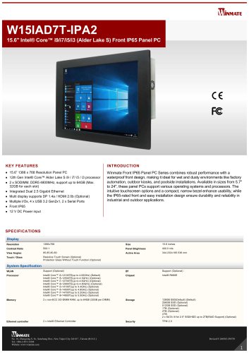 15.6" Intel® Core™ i9/i7/i5/i3 (Alder Lake S) Front IP65 Panel PC W15IAD7T-IPA2
