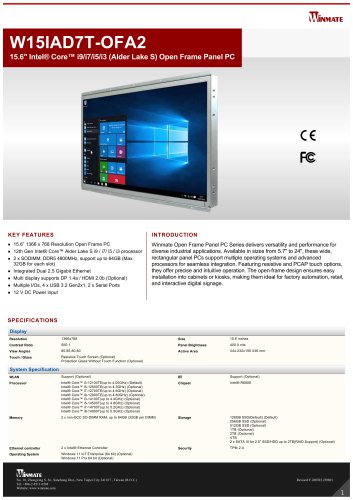 15.6" Intel® Core™ i9/i7/i5/i3 (Alder Lake S) Open Frame Panel PC W15IAD7T-OFA2