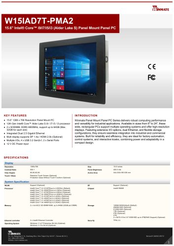 15.6" Intel® Core™ i9/i7/i5/i3 (Alder Lake S) Panel Mount Panel PC W15IAD7T-PMA2
