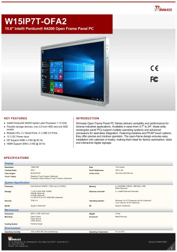 15.6" Intel® Pentium® N4200 Open Frame Panel PC W15IP7T-OFA2