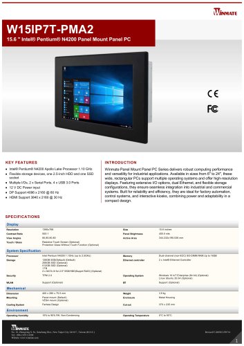 15.6 " Intel® Pentium® N4200 Panel Mount Panel PC W15IP7T-PMA2