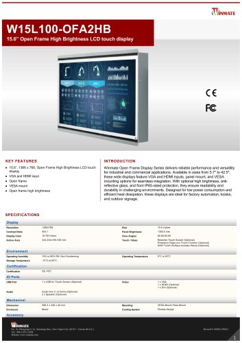 15.6” Open Frame High Brightness LCD touch display W15L100-OFA2HB