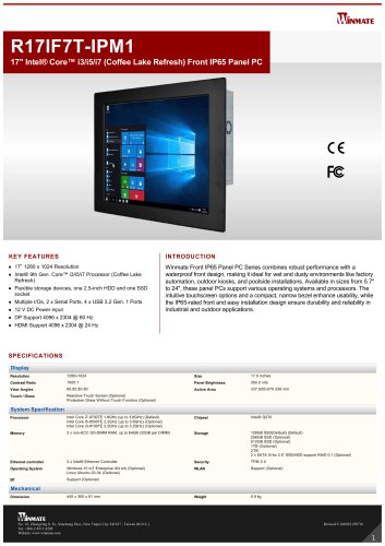 17" Intel® Core™ i3/i5/i7 (Coffee Lake Refresh) Front IP65 Panel PC R17IF7T-IPM1