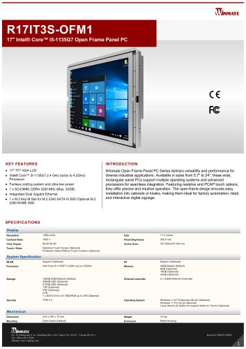 17" Intel® Core™ i5-1135G7 Open Frame Panel PC R17IT3S-OFM1
