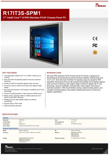 17" Intel® Core™ i5 IP65 Stainless PCAP Chassis Panel PC R17IT3S-SPM1