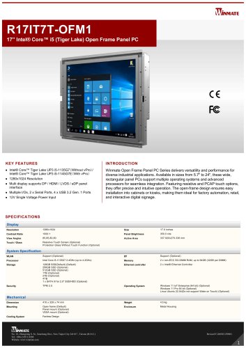 17” Intel® Core™ i5 (Tiger Lake) Open Frame Panel PC R17IT7T-OFM1