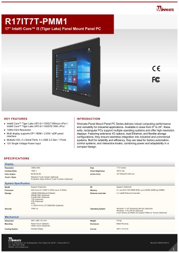 17” Intel® Core™ i5 (Tiger Lake) Panel Mount Panel PC R17IT7T-PMM1
