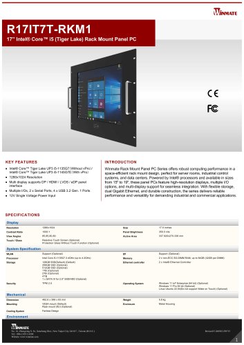 17” Intel® Core™ i5 (Tiger Lake) Rack Mount Panel PC R17IT7T-RKM1