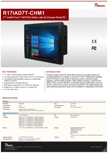 17" Intel® Core™ i9/i7/i5/i3 (Alder Lake S) Chassis Panel PC R17IAD7T-CHM1