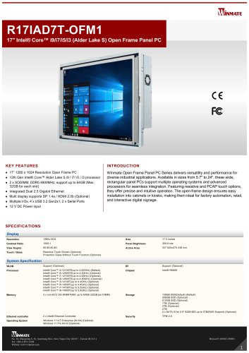 17" Intel® Core™ i9/i7/i5/i3 (Alder Lake S) Open Frame Panel PC R17IAD7T-OFM1