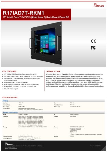 17" Intel® Core™ i9/i7/i5/i3 (Alder Lake S) Rack Mount Panel PC R17IAD7T-RKM1