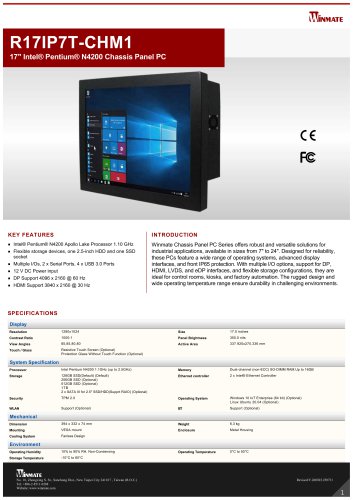 17" Intel® Pentium® N4200 Chassis Panel PC R17IP7T-CHM1