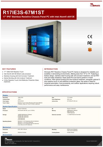 17" IP67 Stainless Resistive Chassis Panel PC with Intel Atom® x6413E R17IE3S-67M1ST