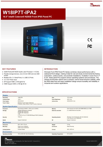 18.5" Intel® Celeron® N2930 Front IP65 Panel PC W18IP7T-IPA2